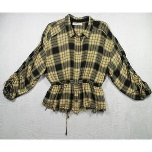 We The‎ Free Shirt Womens Large Plaid Green Black Peplum Frayed Hem Pacific Dawn